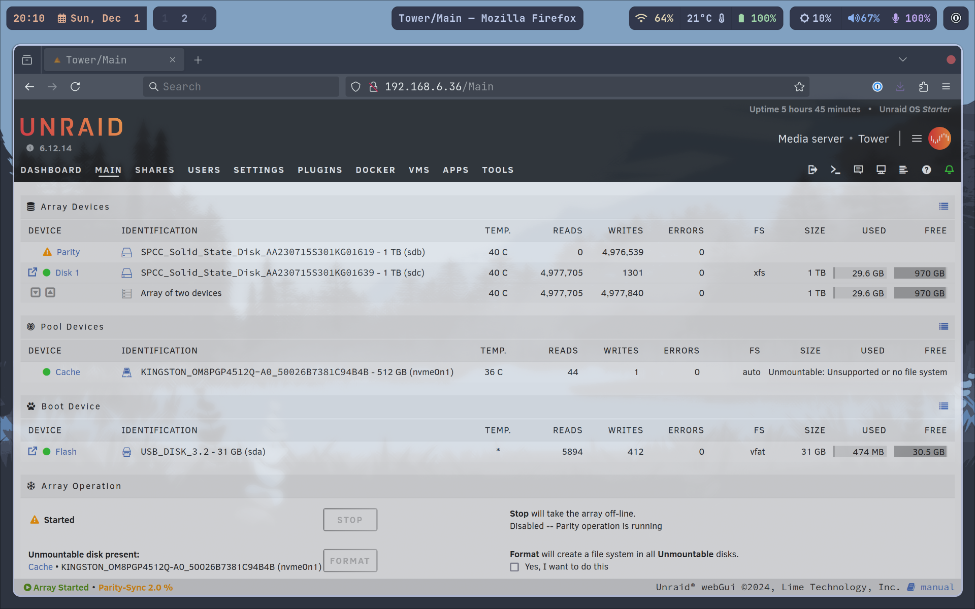 Unraid running on my homelab server